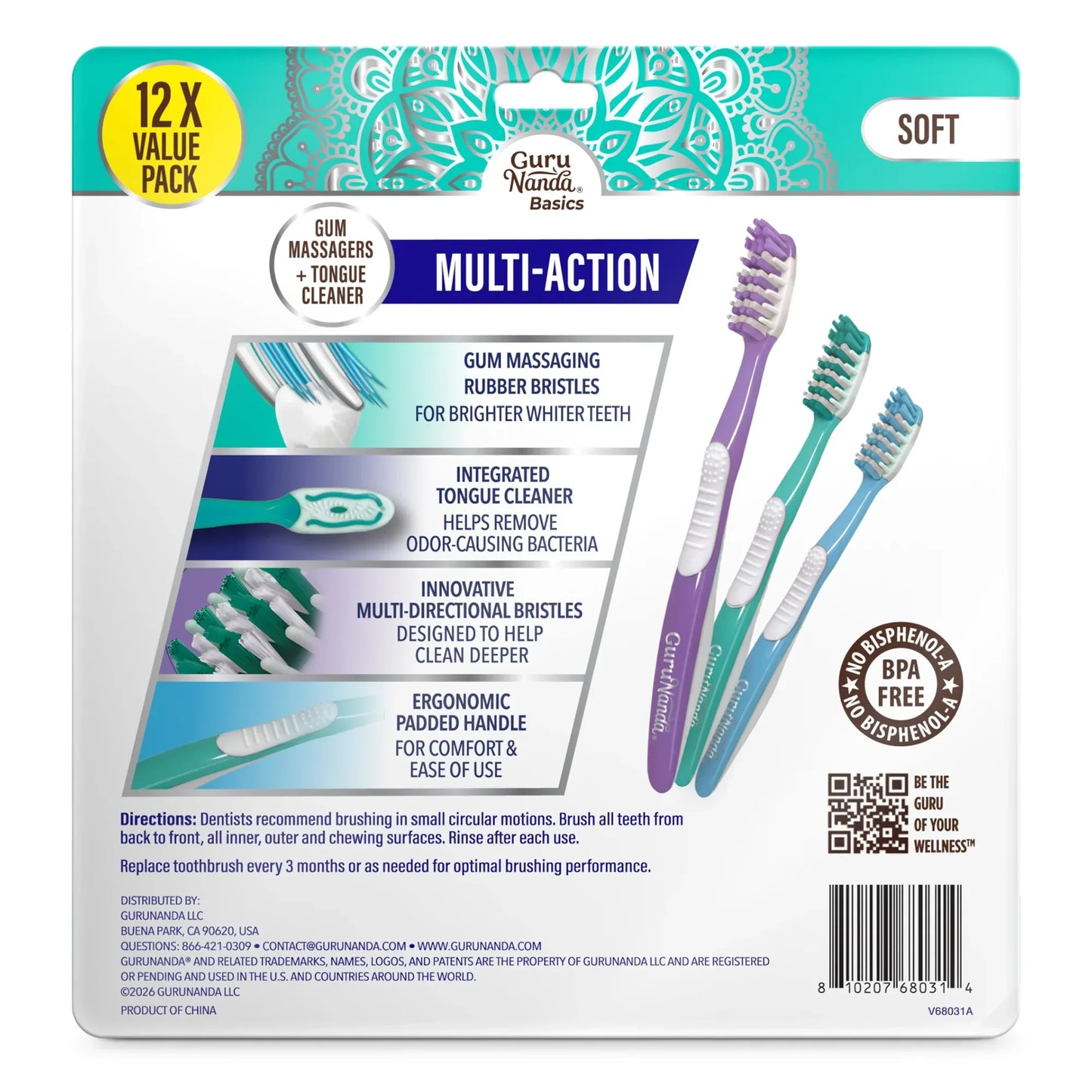 Multi-Action Toothbrush with Tongue Cleaner – 12 Pack