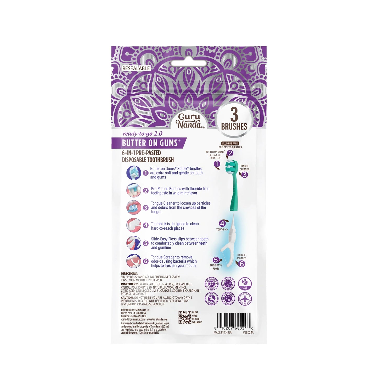 6-in-1 Ready to Go Butter on Gums Pre-Pasted Toothbrushes 2.0