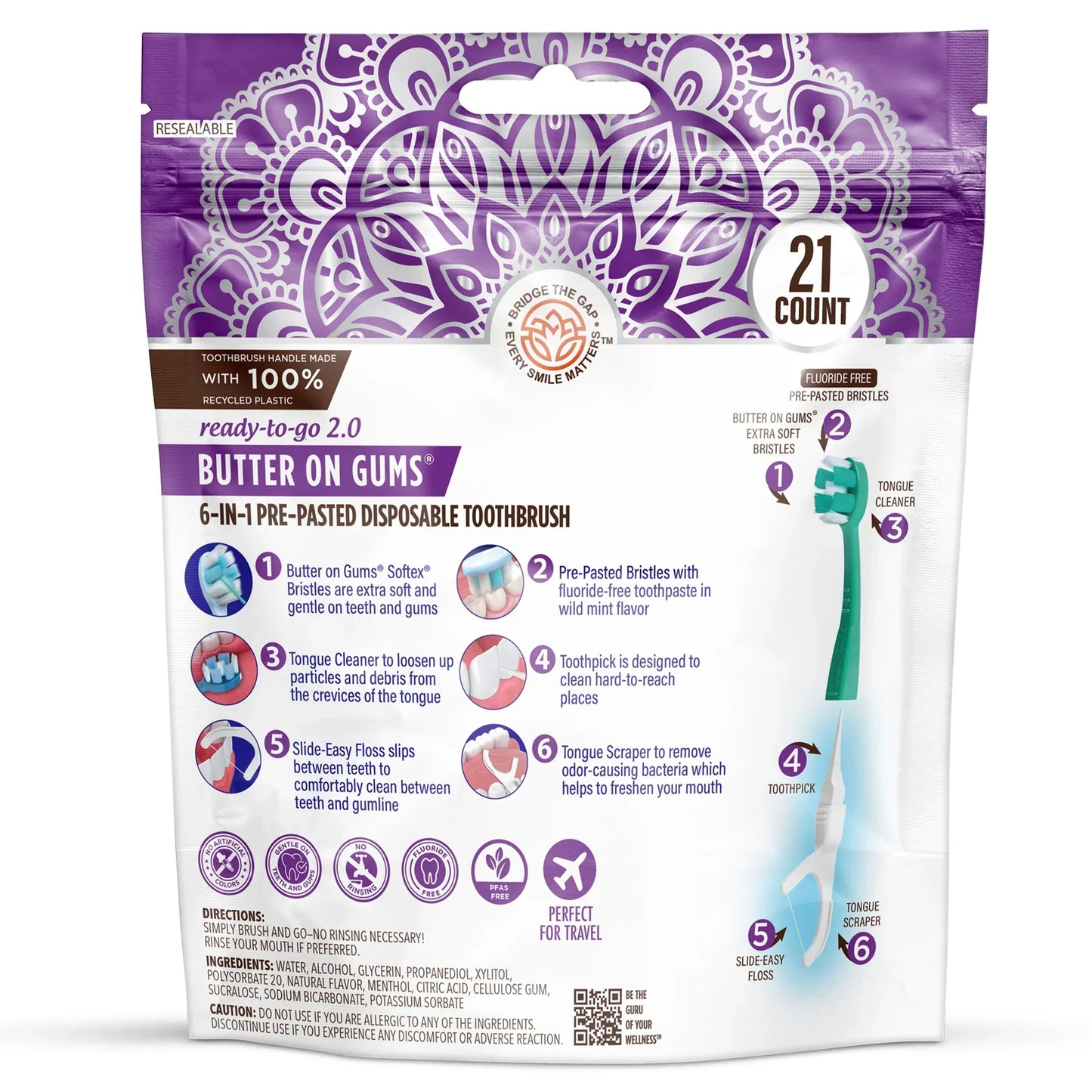6-in-1 Ready to Go Butter on Gums Pre-Pasted Toothbrushes 2.0