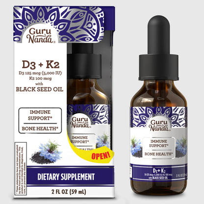 Natural Cold Pressed Black Seed Oil With Vitamin D3, K2, & E
